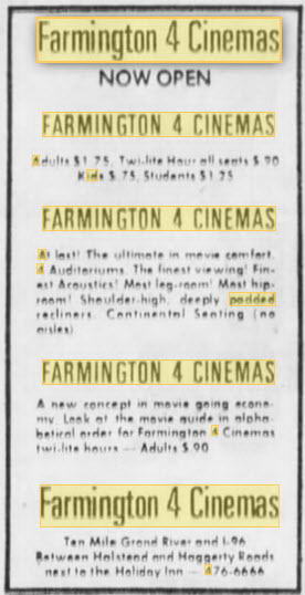 Farmington 4 Cinemas - Jan 11 1973 Announcement